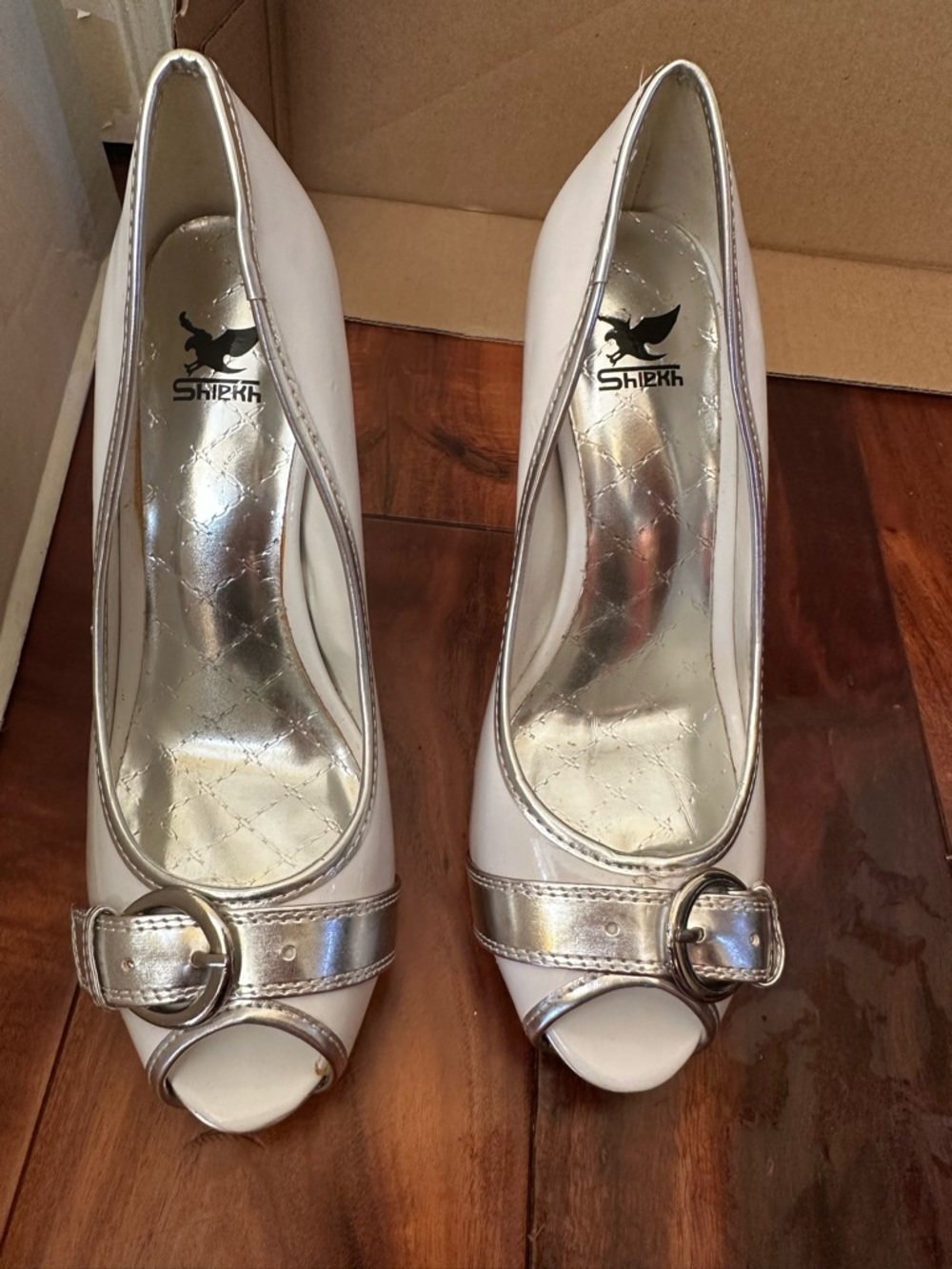 Shiekh Women's White Peep Toe Heels with Silver Buckle Trim